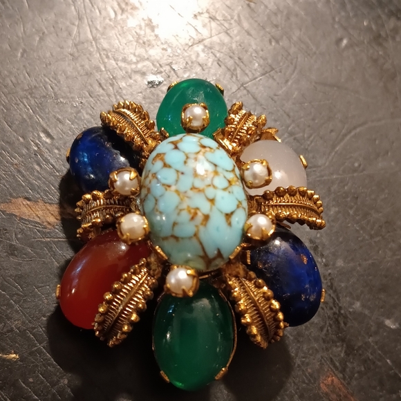 Vintage Goldtone Gemstone Green Emerald, Blue Lapis Lazuli,white Quartz, Brooch. - Picture 3 of 4